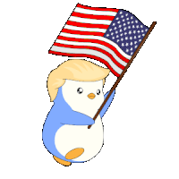 a cartoon of a penguin with donald trump 's hair holding an american flag