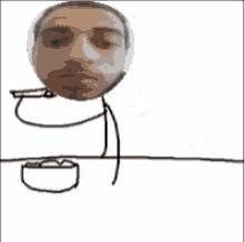 a man is sitting at a table with a bowl of food and a cat .