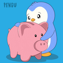 a penguin is putting a coin into a piggy bank with the word pengu on the bottom
