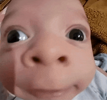 a close up of a baby 's face with big eyes