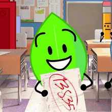 a green leaf is holding a test paper with a red circle that says " pass "
