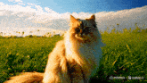 a cat sitting in a grassy field with the words minmax on the bottom left
