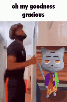 a man with a beard is standing next to a cartoon cat that says oh my goodness gracious