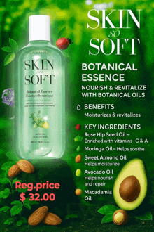 an advertisement for skin so soft botanical essence