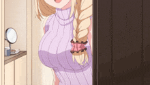 a woman in a purple sweater is standing in a room