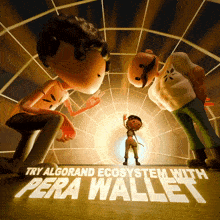 a poster that says " try algorand ecosystem with pera wallet " with cartoon characters