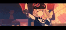 a cartoon girl wearing a hat with the letter s on it is dancing