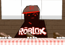 a drawing of a roblox character sitting at a table