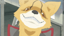 a close up of a cartoon dog 's face with a red collar
