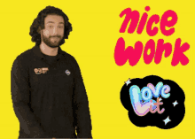 a man is dancing in front of a yellow background with the words nice work above him