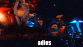 a video game character with the word adios on the bottom right