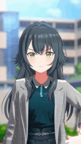 a girl with long black hair and green eyes is wearing a jacket