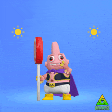 a cartoon character is holding a red lollipop and the words good morning are above him
