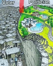 a cartoon of a voter and a politician with barbed wire