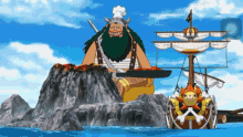 a cartoon character with a chef 's hat is standing next to a ship with a sun on it