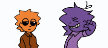 a cartoon of a boy standing next to a cartoon character with purple hair .