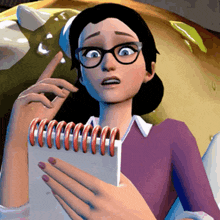 a cartoon character with glasses is holding a notebook with a spiral binding