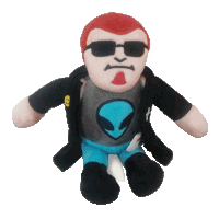 a stuffed toy of a man with sunglasses and an alien shirt