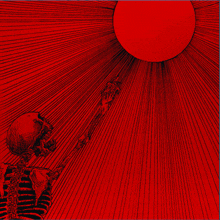 a drawing of a skeleton reaching up towards a red sun