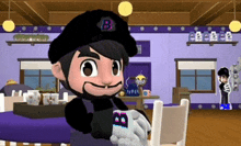 a cartoon character is holding a cup with a letter b on it