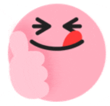 a pink smiley face with a red tongue sticking out and a thumbs up .