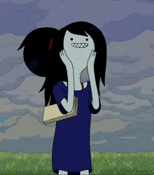 a cartoon character is holding a book and making a funny face