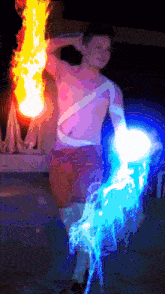 a pixelated image of a man holding a torch with fire and water coming out of it