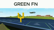 a green fn logo with a picture of a helicopter flying over a field