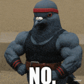a pigeon with a red headband and a black tank top says no