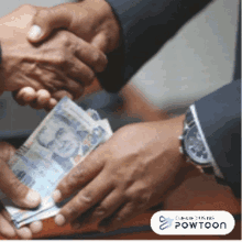 two men shaking hands over a pile of money with a powtoon logo in the background