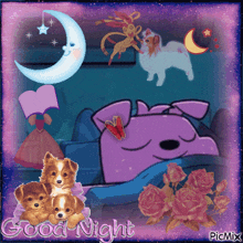 a picture of a dog sleeping with the words good night written on it