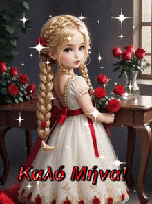 a little girl in a white dress is standing in front of a table with red roses ..
