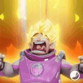 a cartoon character with yellow hair and a purple vest