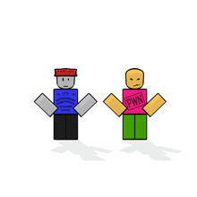 two roblox characters are standing next to each other and one has pwn on his shirt