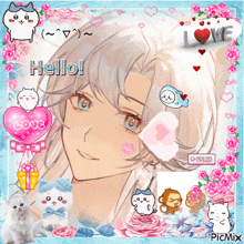 a picture of a girl with white hair and a heart that says hello