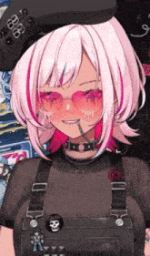 a girl with pink hair is wearing sunglasses and a skull pin
