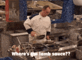 a chef cooking in a kitchen with the words " where 's the lamb sauce " below him