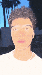 a young man with curly hair is wearing a white shirt and looking at the camera