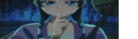 a girl with a fan is holding her finger to her lips