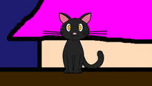 a black cat with yellow eyes is sitting in front of a pink roof
