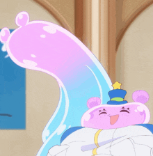 a pink and blue cartoon character with a star on top of his hat