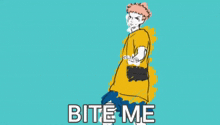 a man in a yellow shirt is standing in front of a blue background with the words bite me .