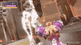 a video game is being played with a purple robot and a shield .