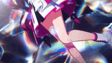 a close up of a person 's legs with a purple and white dress