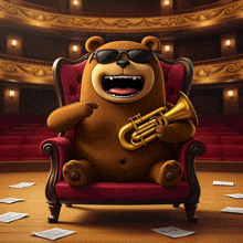 a cartoon bear is sitting in a chair playing a trumpet
