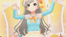 a girl in a blue sweater with a flower in her hair