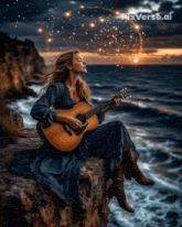 a woman is sitting on a rock playing a guitar with pixverse.ai in the corner