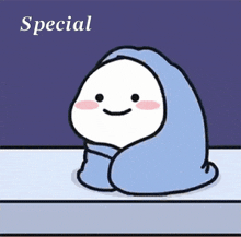 a cartoon of a person wrapped in a blue blanket with the word special below it