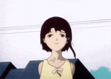 a girl in a yellow tank top is smiling in front of a roof .