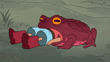 a cartoon of a person laying on the ground with a frog eating them